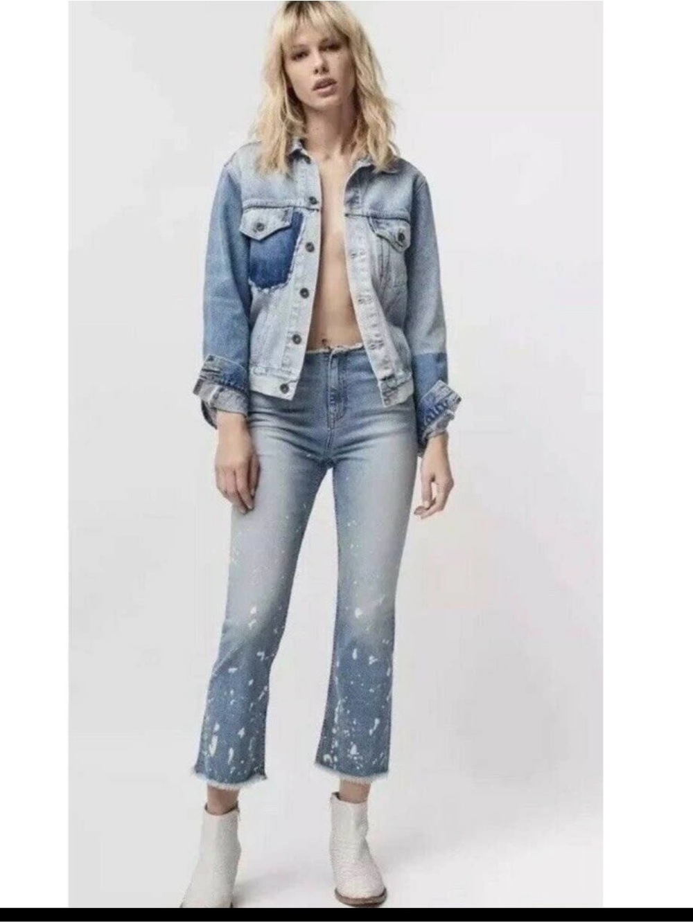 Free people size 30 Raw Waistband Bleach Spot Crop Bootcut Jeans